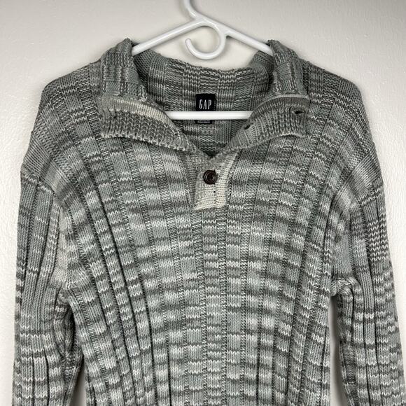 Vintage Y2K GAP Women’s Gray Ribbed Knit Sweater Button Collar Striped Size L - Picture 8 of 12